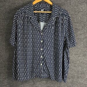 Lands’ End Womens Wavy Stripe Button Up Top Size 2X Navy Short Sleeve Artsy